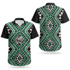 New Zealand Kakariki Taniko Motifs Couples Matching Short Sleeve Bodycon Dress and Hawaiian Shirt Maori Poi Dance Costume Inspired