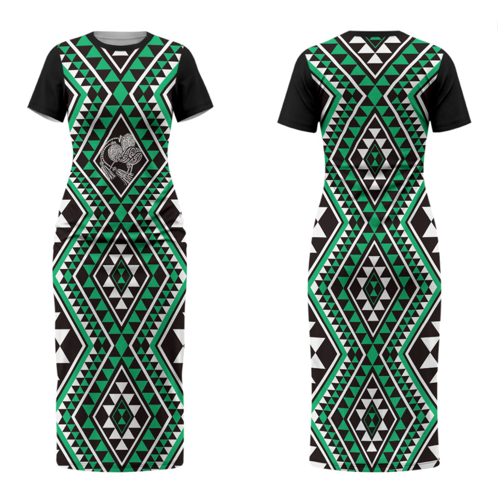 New Zealand Kakariki Taniko Motifs Couples Matching Short Sleeve Bodycon Dress and Hawaiian Shirt Maori Poi Dance Costume Inspired
