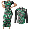 New Zealand Kakariki Taniko Motifs Couples Matching Short Sleeve Bodycon Dress and Long Sleeve Button Shirt Maori Poi Dance Costume Inspired