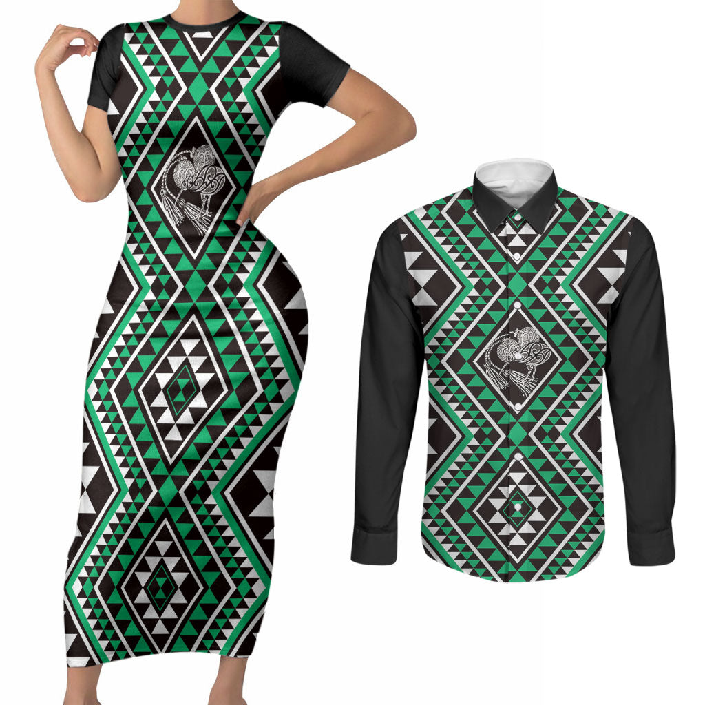 New Zealand Kakariki Taniko Motifs Couples Matching Short Sleeve Bodycon Dress and Long Sleeve Button Shirt Maori Poi Dance Costume Inspired