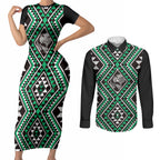 New Zealand Kakariki Taniko Motifs Couples Matching Short Sleeve Bodycon Dress and Long Sleeve Button Shirt Maori Poi Dance Costume Inspired