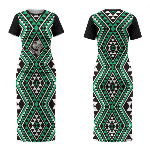 New Zealand Kakariki Taniko Motifs Couples Matching Short Sleeve Bodycon Dress and Long Sleeve Button Shirt Maori Poi Dance Costume Inspired