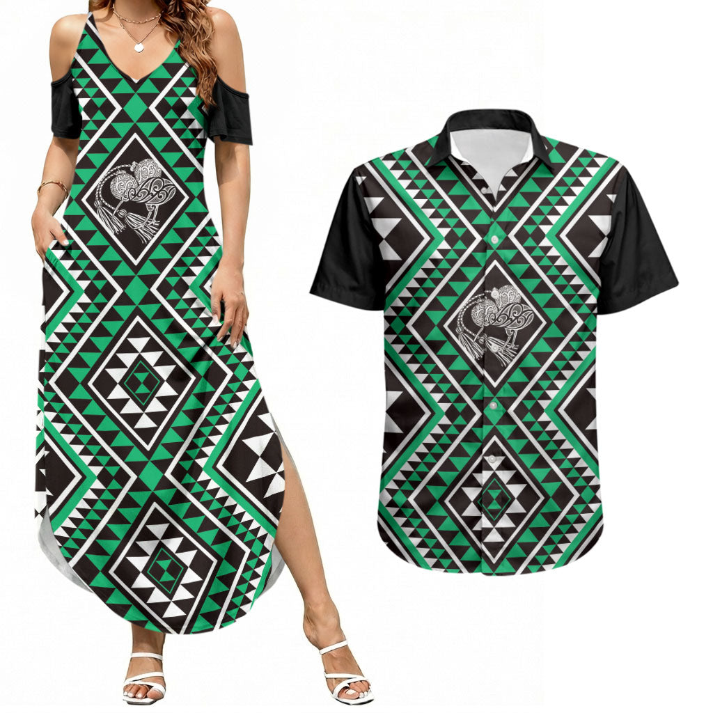 New Zealand Kakariki Taniko Motifs Couples Matching Summer Maxi Dress and Hawaiian Shirt Maori Poi Dance Costume Inspired