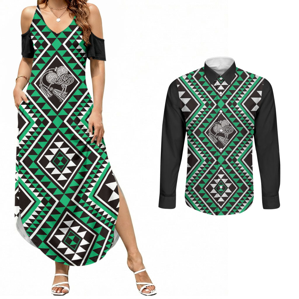 New Zealand Kakariki Taniko Motifs Couples Matching Summer Maxi Dress and Long Sleeve Button Shirt Maori Poi Dance Costume Inspired