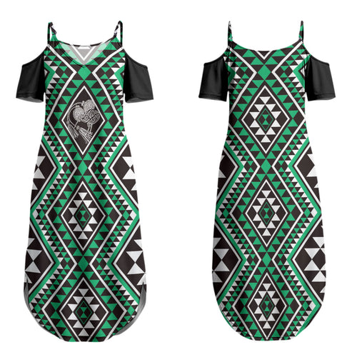 New Zealand Kakariki Taniko Motifs Couples Matching Summer Maxi Dress and Long Sleeve Button Shirt Maori Poi Dance Costume Inspired