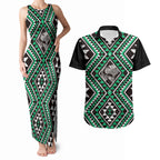 New Zealand Kakariki Taniko Motifs Couples Matching Tank Maxi Dress and Hawaiian Shirt Maori Poi Dance Costume Inspired