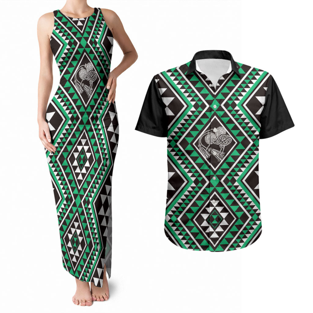 New Zealand Kakariki Taniko Motifs Couples Matching Tank Maxi Dress and Hawaiian Shirt Maori Poi Dance Costume Inspired