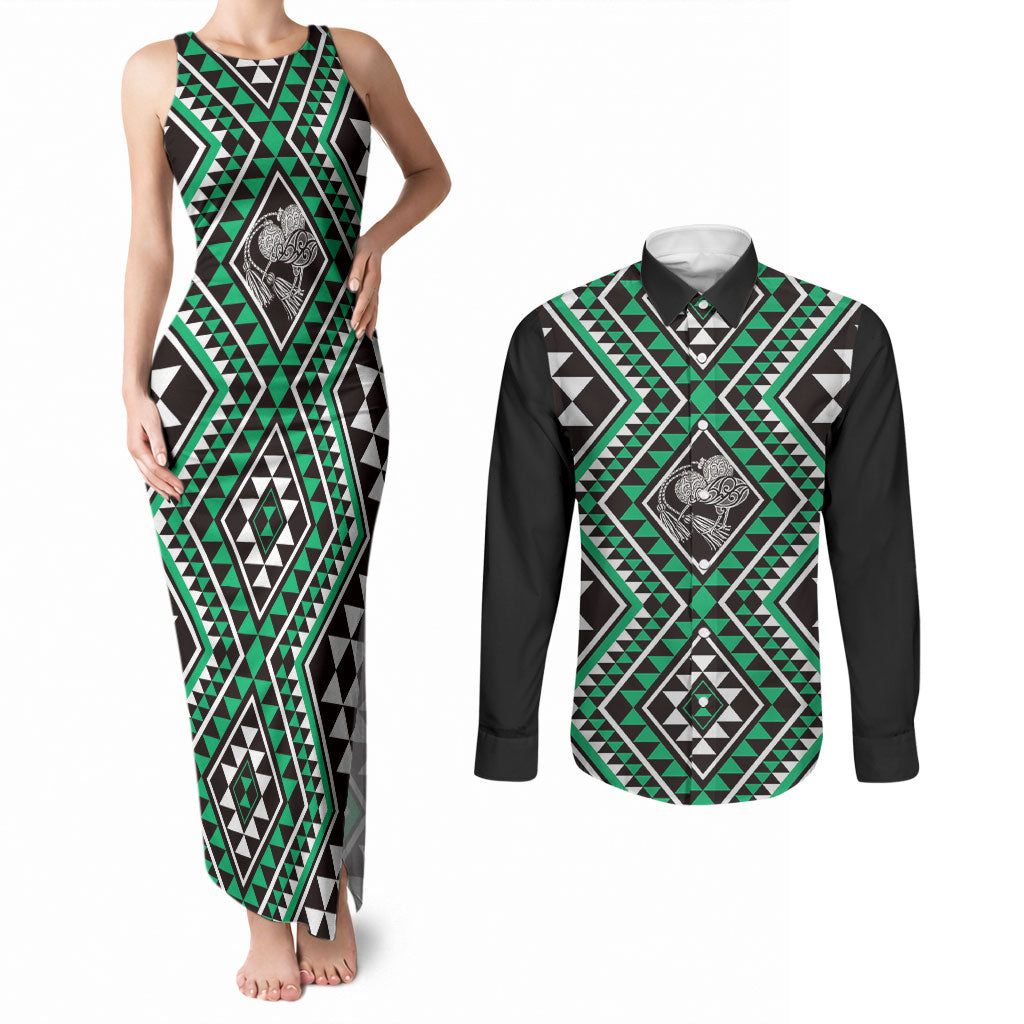 New Zealand Kakariki Taniko Motifs Couples Matching Tank Maxi Dress and Long Sleeve Button Shirt Maori Poi Dance Costume Inspired