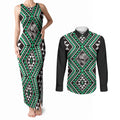 New Zealand Kakariki Taniko Motifs Couples Matching Tank Maxi Dress and Long Sleeve Button Shirt Maori Poi Dance Costume Inspired