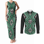 New Zealand Kakariki Taniko Motifs Couples Matching Tank Maxi Dress and Long Sleeve Button Shirt Maori Poi Dance Costume Inspired