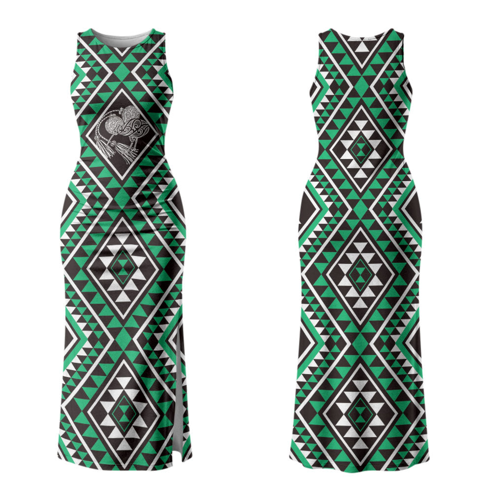 New Zealand Kakariki Taniko Motifs Couples Matching Tank Maxi Dress and Long Sleeve Button Shirt Maori Poi Dance Costume Inspired