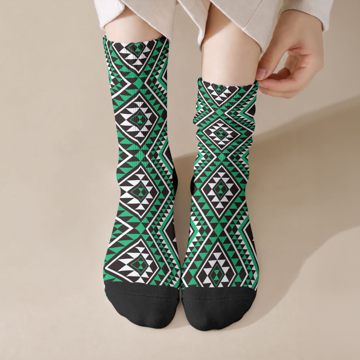 New Zealand Kakariki Taniko Motifs Crew Socks Maori Poi Dance Costume Inspired