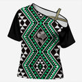 New Zealand Kakariki Taniko Motifs Cross Shoulder Shirt Maori Poi Dance Costume Inspired