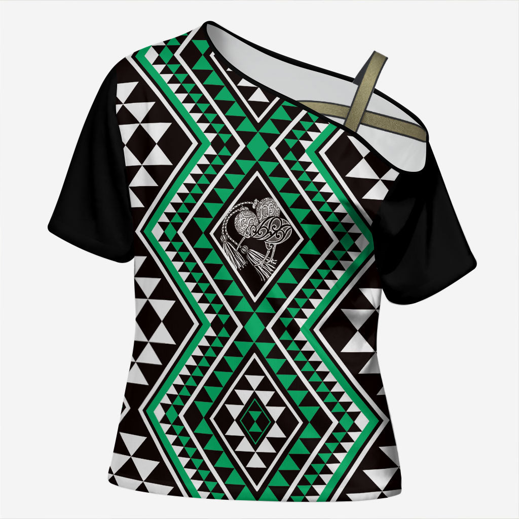 New Zealand Kakariki Taniko Motifs Cross Shoulder Shirt Maori Poi Dance Costume Inspired