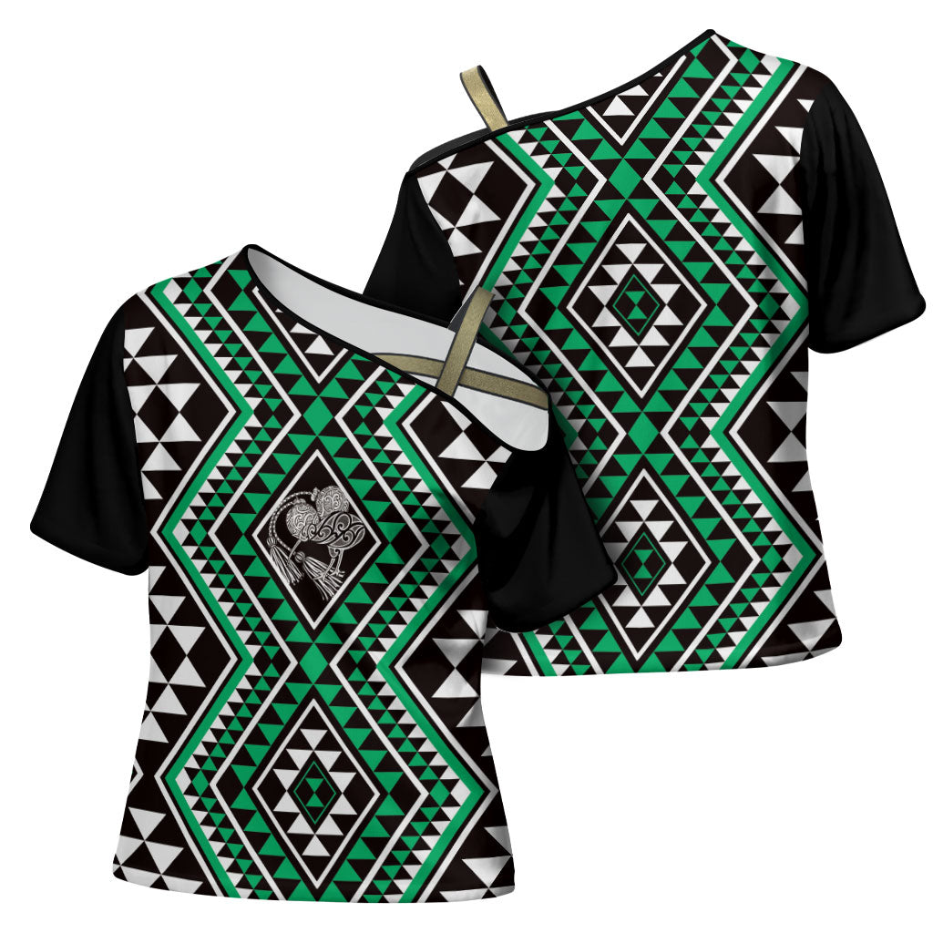 New Zealand Kakariki Taniko Motifs Cross Shoulder Shirt Maori Poi Dance Costume Inspired