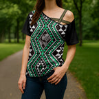 New Zealand Kakariki Taniko Motifs Cross Shoulder Shirt Maori Poi Dance Costume Inspired