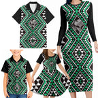 New Zealand Kakariki Taniko Motifs Family Matching Long Sleeve Bodycon Dress and Hawaiian Shirt Maori Poi Dance Costume Inspired