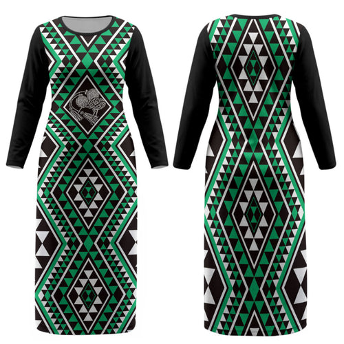 New Zealand Kakariki Taniko Motifs Family Matching Long Sleeve Bodycon Dress and Hawaiian Shirt Maori Poi Dance Costume Inspired