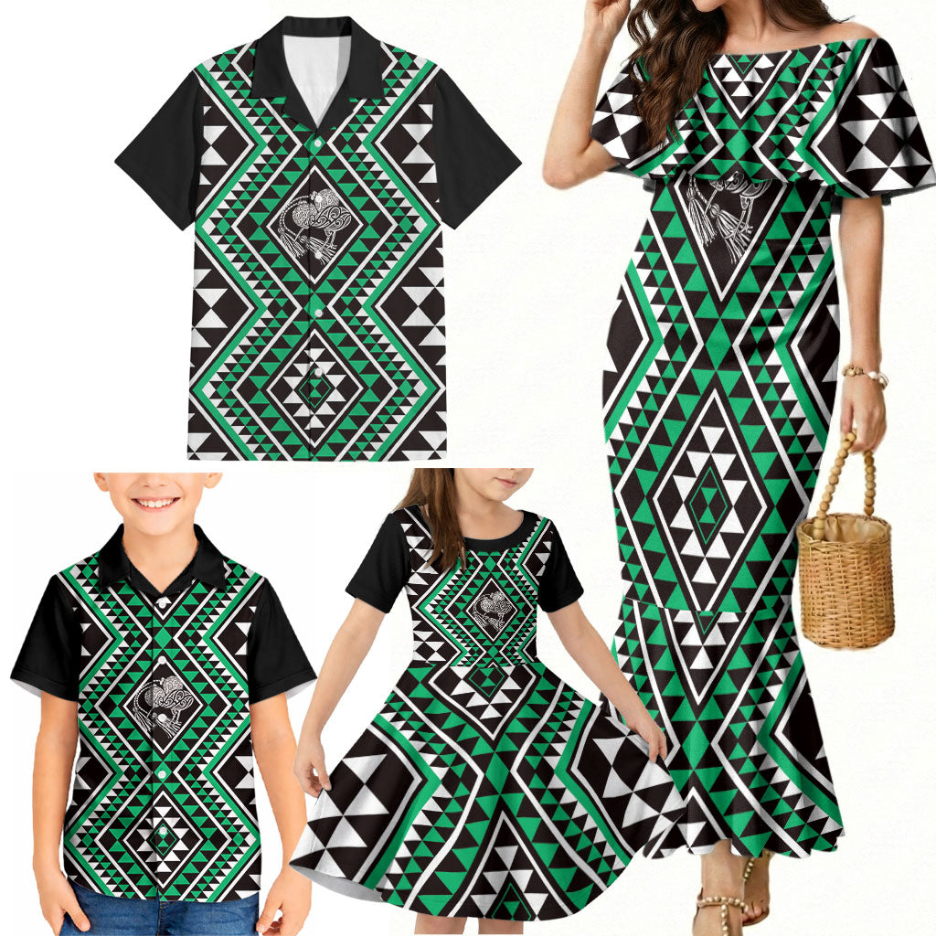 New Zealand Kakariki Taniko Motifs Family Matching Mermaid Dress and Hawaiian Shirt Maori Poi Dance Costume Inspired