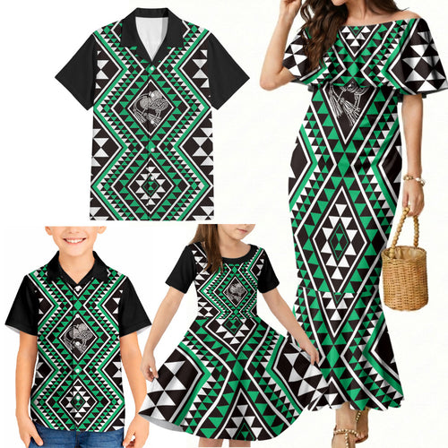 New Zealand Kakariki Taniko Motifs Family Matching Mermaid Dress and Hawaiian Shirt Maori Poi Dance Costume Inspired