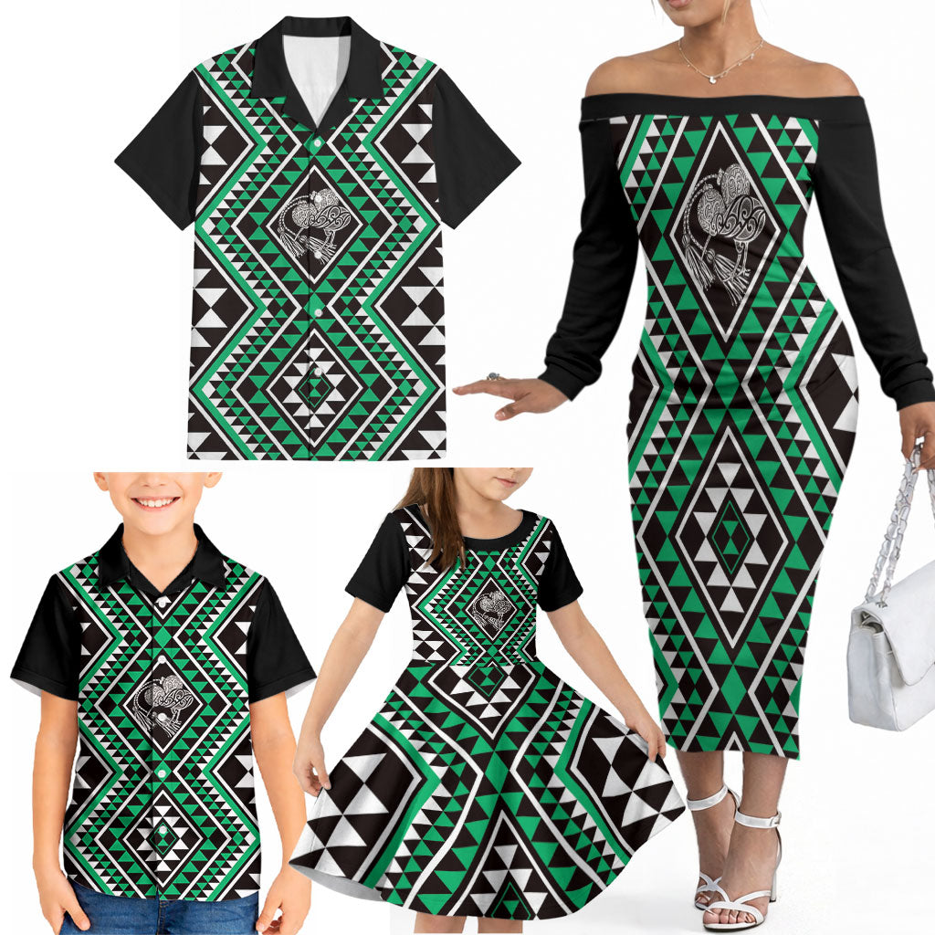 New Zealand Kakariki Taniko Motifs Family Matching Off The Shoulder Long Sleeve Dress and Hawaiian Shirt Maori Poi Dance Costume Inspired
