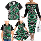 New Zealand Kakariki Taniko Motifs Family Matching Off The Shoulder Long Sleeve Dress and Hawaiian Shirt Maori Poi Dance Costume Inspired