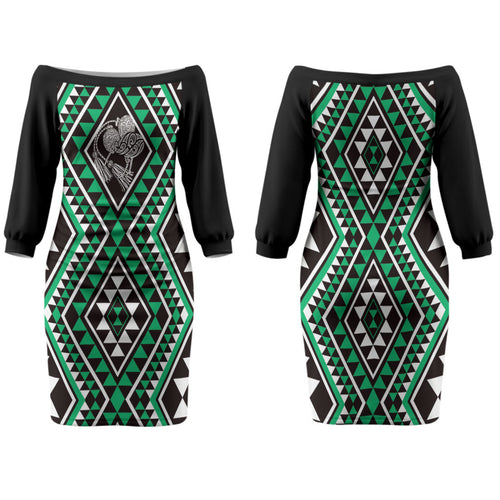 New Zealand Kakariki Taniko Motifs Family Matching Off The Shoulder Long Sleeve Dress and Hawaiian Shirt Maori Poi Dance Costume Inspired