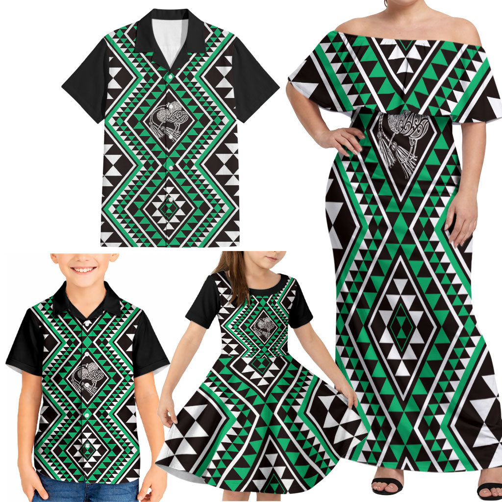 New Zealand Kakariki Taniko Motifs Family Matching Off Shoulder Maxi Dress and Hawaiian Shirt Maori Poi Dance Costume Inspired