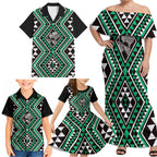 New Zealand Kakariki Taniko Motifs Family Matching Off Shoulder Maxi Dress and Hawaiian Shirt Maori Poi Dance Costume Inspired