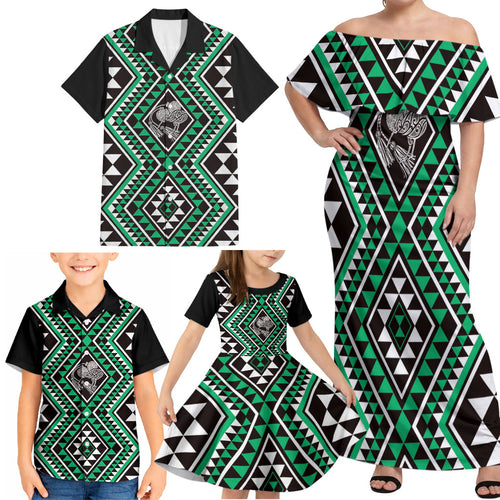 New Zealand Kakariki Taniko Motifs Family Matching Off Shoulder Maxi Dress and Hawaiian Shirt Maori Poi Dance Costume Inspired