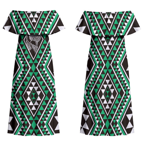 New Zealand Kakariki Taniko Motifs Family Matching Off Shoulder Maxi Dress and Hawaiian Shirt Maori Poi Dance Costume Inspired