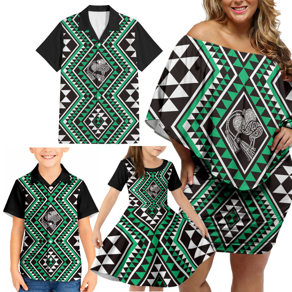 New Zealand Kakariki Taniko Motifs Family Matching Off Shoulder Short Dress and Hawaiian Shirt Maori Poi Dance Costume Inspired