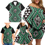 New Zealand Kakariki Taniko Motifs Family Matching Off Shoulder Short Dress and Hawaiian Shirt Maori Poi Dance Costume Inspired
