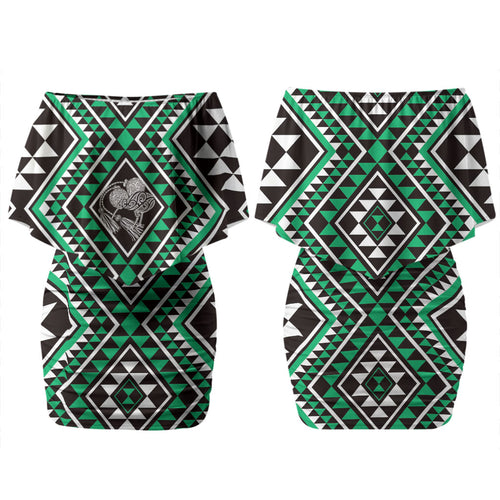 New Zealand Kakariki Taniko Motifs Family Matching Off Shoulder Short Dress and Hawaiian Shirt Maori Poi Dance Costume Inspired