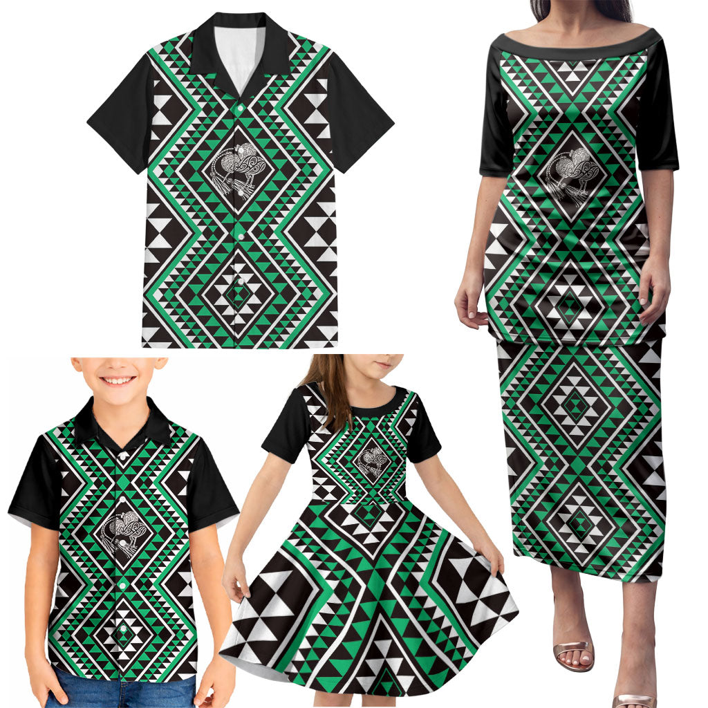 New Zealand Kakariki Taniko Motifs Family Matching Puletasi and Hawaiian Shirt Maori Poi Dance Costume Inspired