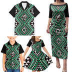 New Zealand Kakariki Taniko Motifs Family Matching Puletasi and Hawaiian Shirt Maori Poi Dance Costume Inspired