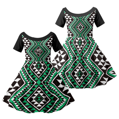 New Zealand Kakariki Taniko Motifs Family Matching Puletasi and Hawaiian Shirt Maori Poi Dance Costume Inspired