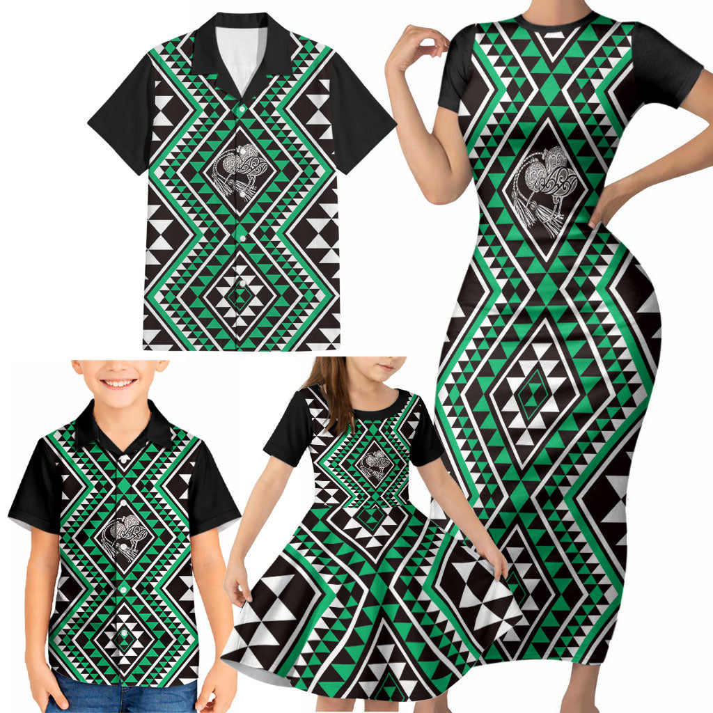 New Zealand Kakariki Taniko Motifs Family Matching Short Sleeve Bodycon Dress and Hawaiian Shirt Maori Poi Dance Costume Inspired