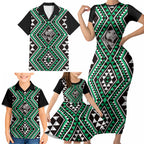 New Zealand Kakariki Taniko Motifs Family Matching Short Sleeve Bodycon Dress and Hawaiian Shirt Maori Poi Dance Costume Inspired