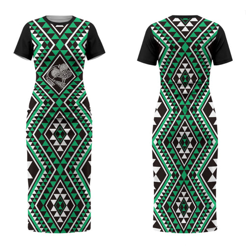 New Zealand Kakariki Taniko Motifs Family Matching Short Sleeve Bodycon Dress and Hawaiian Shirt Maori Poi Dance Costume Inspired