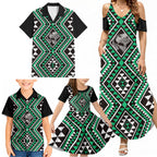 New Zealand Kakariki Taniko Motifs Family Matching Summer Maxi Dress and Hawaiian Shirt Maori Poi Dance Costume Inspired