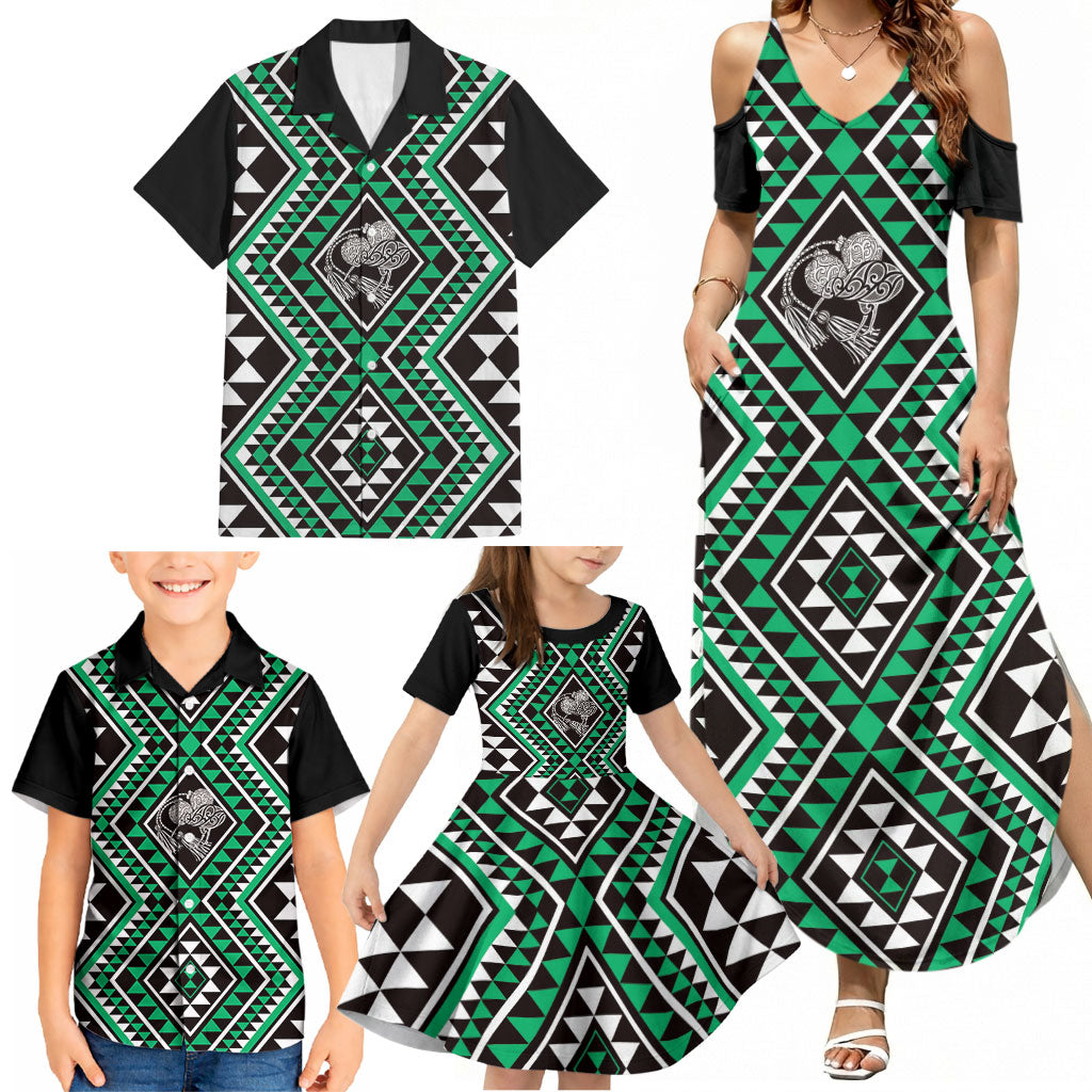 New Zealand Kakariki Taniko Motifs Family Matching Summer Maxi Dress and Hawaiian Shirt Maori Poi Dance Costume Inspired