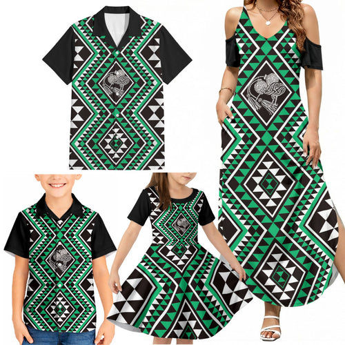 New Zealand Kakariki Taniko Motifs Family Matching Summer Maxi Dress and Hawaiian Shirt Maori Poi Dance Costume Inspired