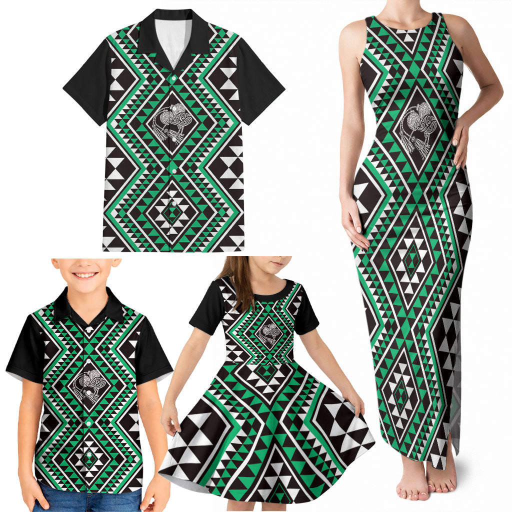New Zealand Kakariki Taniko Motifs Family Matching Tank Maxi Dress and Hawaiian Shirt Maori Poi Dance Costume Inspired