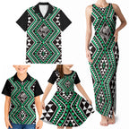 New Zealand Kakariki Taniko Motifs Family Matching Tank Maxi Dress and Hawaiian Shirt Maori Poi Dance Costume Inspired