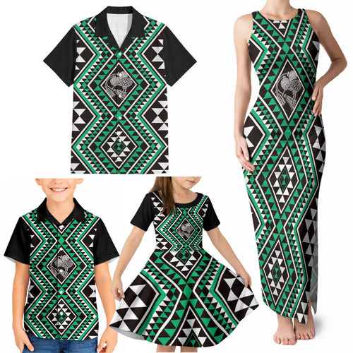 New Zealand Kakariki Taniko Motifs Family Matching Tank Maxi Dress and Hawaiian Shirt Maori Poi Dance Costume Inspired