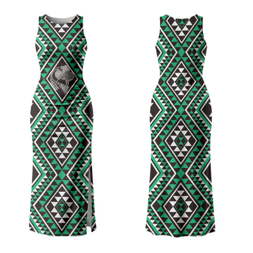 New Zealand Kakariki Taniko Motifs Family Matching Tank Maxi Dress and Hawaiian Shirt Maori Poi Dance Costume Inspired