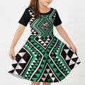 New Zealand Kakariki Taniko Motifs Kid Short Sleeve Dress Maori Poi Dance Costume Inspired