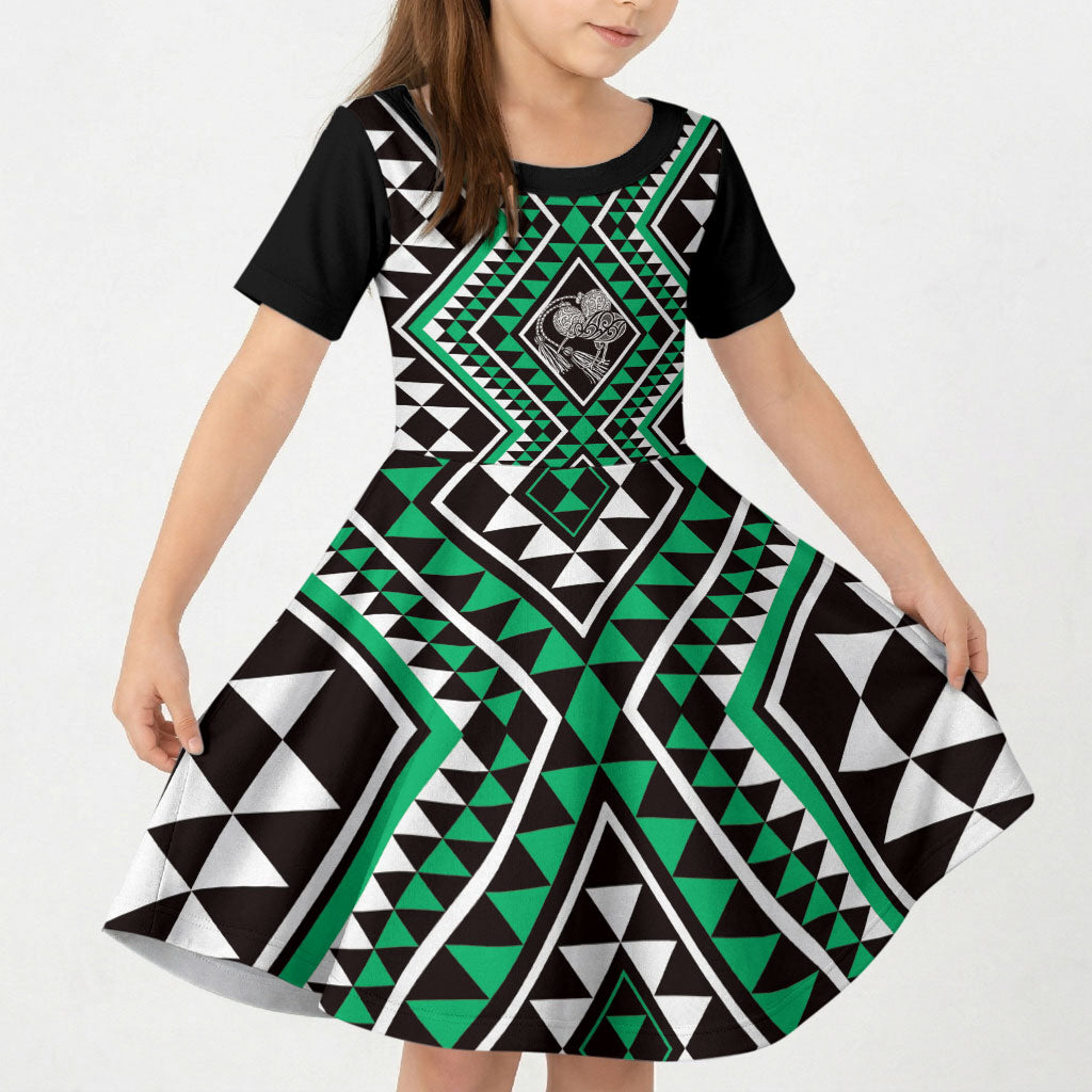 New Zealand Kakariki Taniko Motifs Kid Short Sleeve Dress Maori Poi Dance Costume Inspired