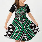 New Zealand Kakariki Taniko Motifs Kid Short Sleeve Dress Maori Poi Dance Costume Inspired